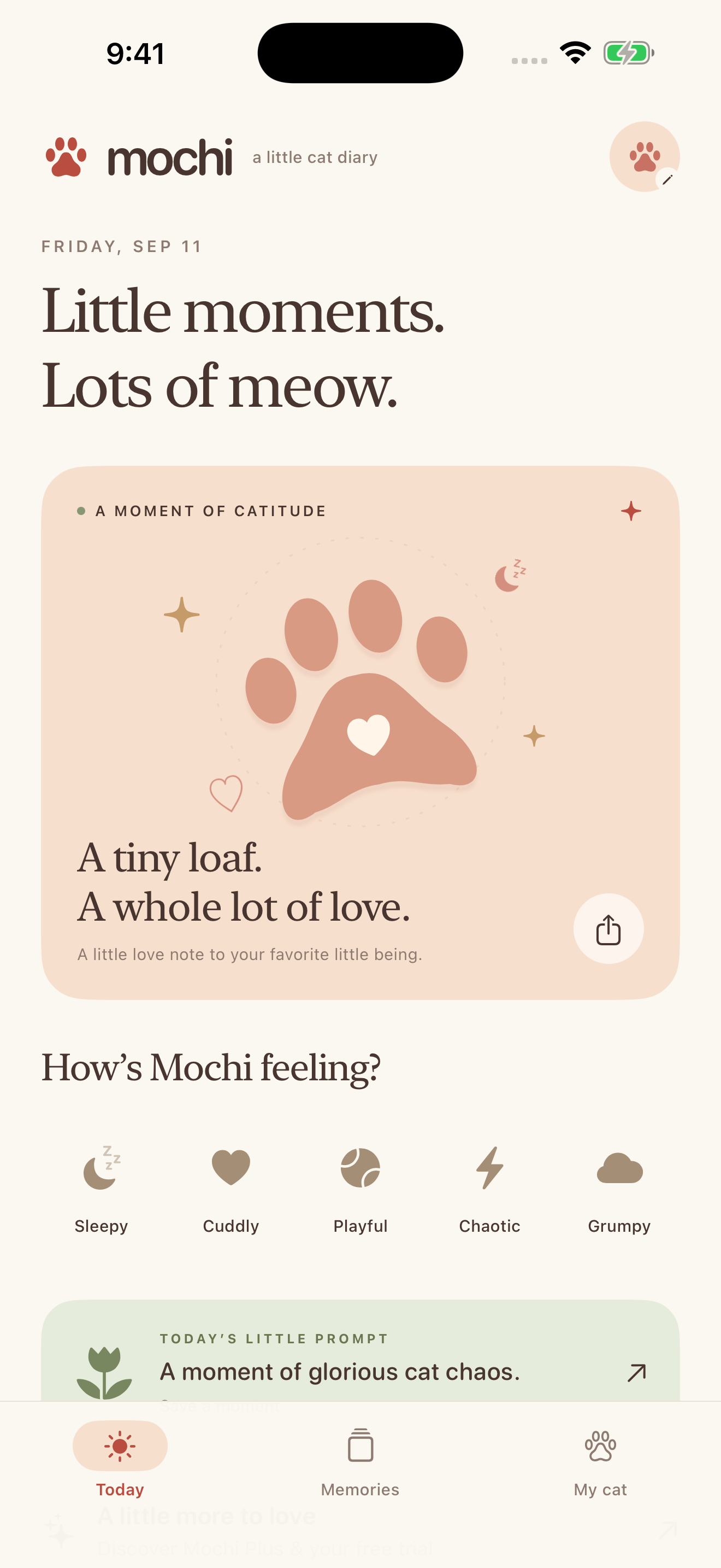 The Mochi Today screen, with a heart-shaped paw illustration and five daily mood choices